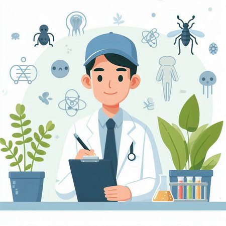 Doctor writing on clipboard in medical office. Vector illustration in flat styleのイラスト素材