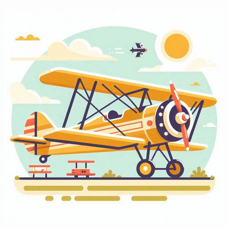 Yellow biplane on the background of the sky. Flat vector illustration.のイラスト素材