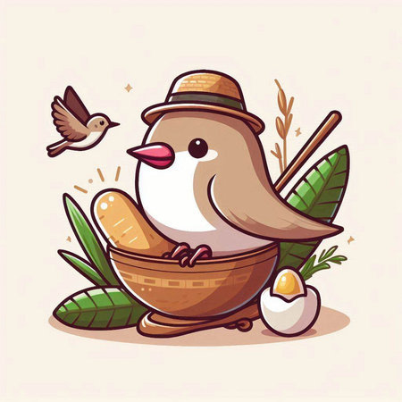 Cute bird in a basket with eggs and birds. Vector illustration.のイラスト素材