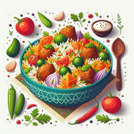 Bowl of pilaf with vegetables and spices. Vector illustration.のイラスト素材