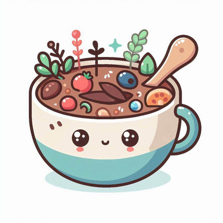 Cute cartoon porcelain bowl with porridge. Vector illustration.のイラスト素材