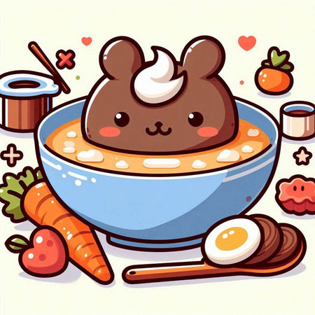 Illustration of a Cute Cartoon Mouse Eating a Bowl of Soupのイラスト素材