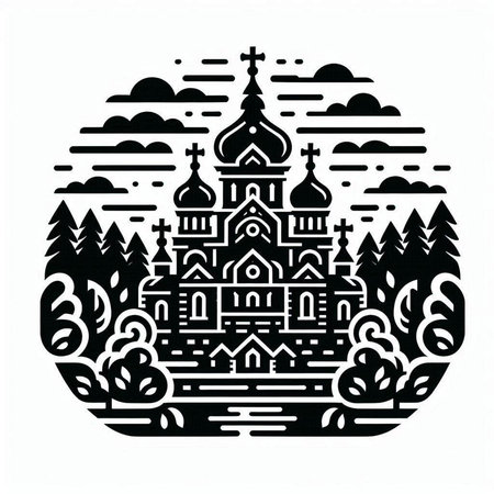 Orthodox church in the forest. Monochrome vector illustration.のイラスト素材