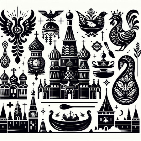 Vector set of decorative elements on the theme of Russian culture and travel.のイラスト素材