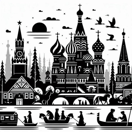 Vector illustration of Moscow cityscape with famous landmarks. Black and white.のイラスト素材