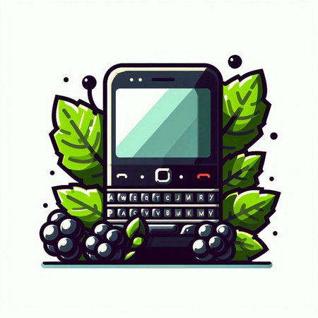 Mobile phone with blackberries and leaves isolated on white background. Vector illustration.のイラスト素材