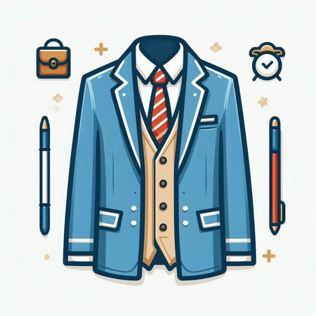Vector illustration of a blue jacket with a tie, pen and briefcaseのイラスト素材