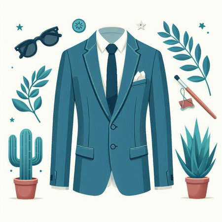 Vector illustration of a blue suit with a tie, cactus, sunglasses and succulentsのイラスト素材