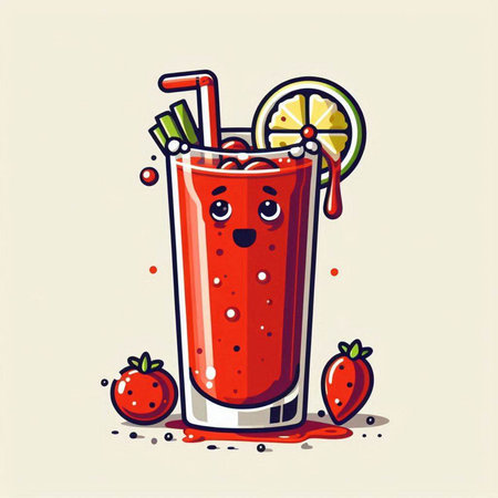 Cocktail with strawberry and lemon in cartoon style. Vector illustration.のイラスト素材