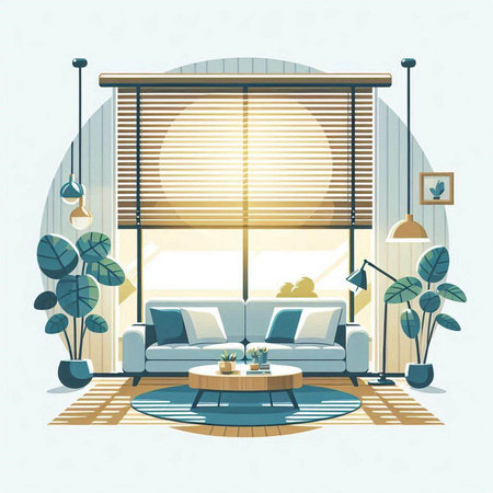 Interior of living room with window and sofa. Vector illustration.のイラスト素材