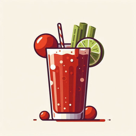 Cocktail with cherry, lime and celery. Vector illustrationのイラスト素材