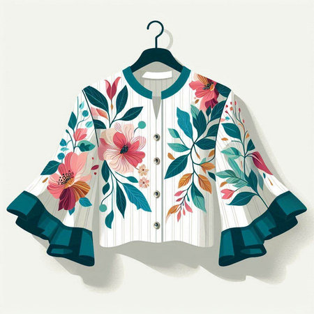 Women's blouse with floral pattern on hanger. Vector illustration.のイラスト素材