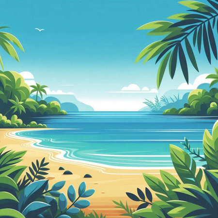 Beautiful tropical beach with palm trees and sand. Vector illustration.のイラスト素材