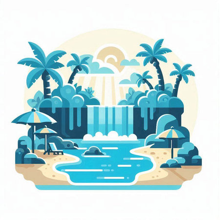 Flat design vector illustration of a beach with waterfalls, palms, umbrellas and sunのイラスト素材