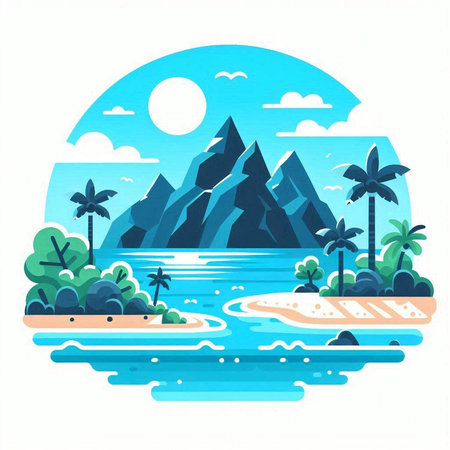 Landscape with mountains, palm trees and sea. Vector illustration.のイラスト素材