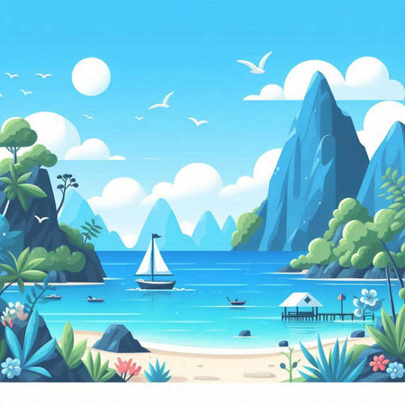 Seascape with mountains, beach and boats. Vector illustration.のイラスト素材