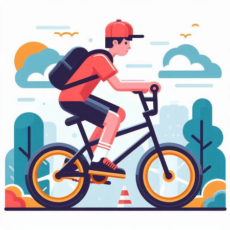 Cyclist riding a bike on the road. Vector illustration in flat styleのイラスト素材