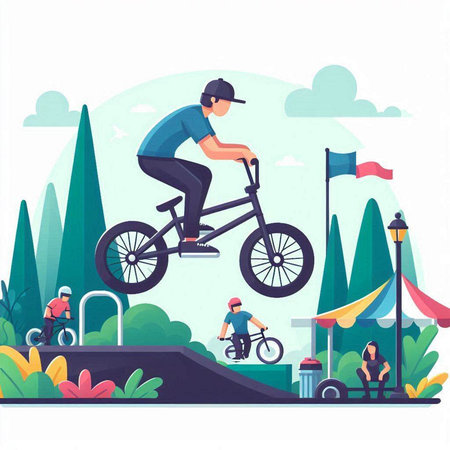Bmx rider in park flat vector illustration. Cartoon male rider performing tricks on bike.のイラスト素材