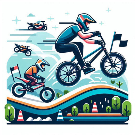 Vector illustration of a cyclist riding a motorcycle on the road in the city.のイラスト素材