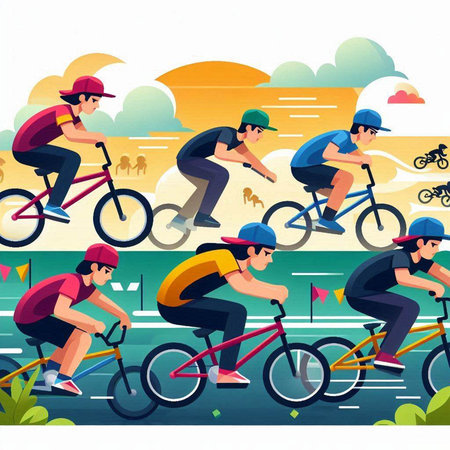 Cyclists riding bikes on the river, vector illustration. Flat styleのイラスト素材