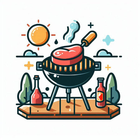 Barbeque grill party. Vector illustration in flat linear style.のイラスト素材