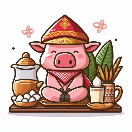 Cute cartoon pig in traditional chinese costume. Vector illustration.のイラスト素材