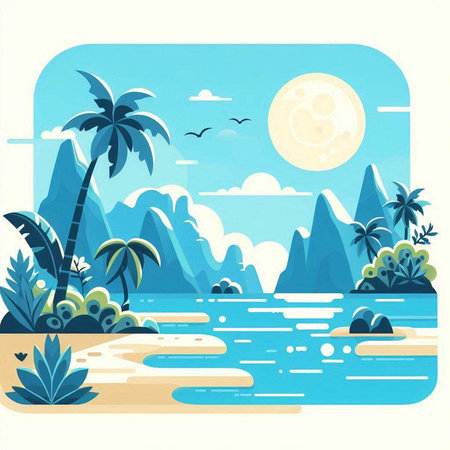 Tropical island with palm trees and sea. Vector illustration.のイラスト素材