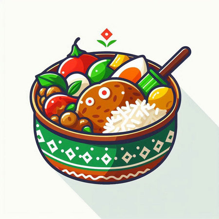 Bowl of delicious rice with meat and vegetables. Vector illustration.のイラスト素材