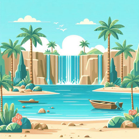 Waterfall in the desert with palm trees and a boat. Vector illustrationのイラスト素材