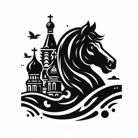 Horse on the background of the Orthodox Church. Monochrome vector illustrationのイラスト素材