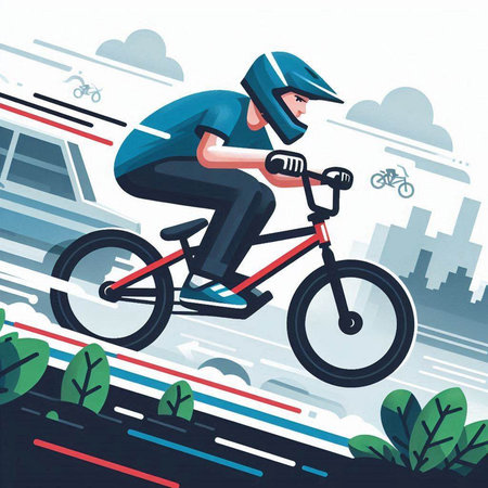 Cyclist in helmet riding bicycle on road. Vector illustration.のイラスト素材