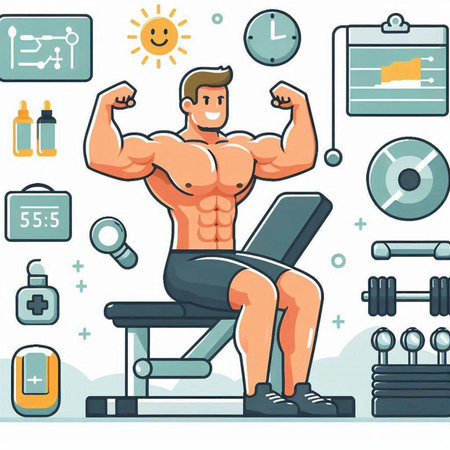 Vector illustration of a man working out at the gym. Fitness and bodybuilding concept.のイラスト素材