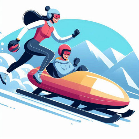 Snowboarder riding a snowmobile in the mountains. Vector illustration.のイラスト素材