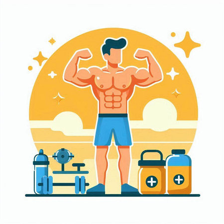 Bodybuilding. Man with muscular body. Vector illustration in flat styleのイラスト素材