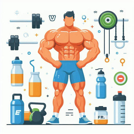 Muscular man bodybuilder with dumbbells and sport equipment. Vector illustration in flat styleのイラスト素材