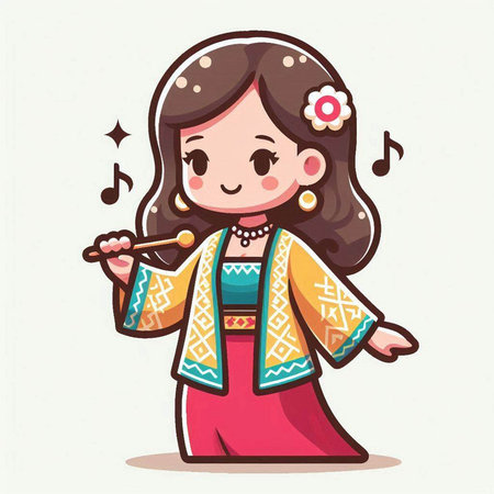 Cute Asian girl playing the flute on white background. Vector illustration.のイラスト素材