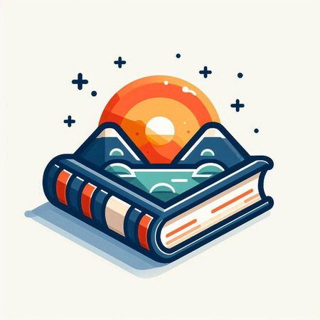 Vector illustration of open book with sun and moon in the background.のイラスト素材