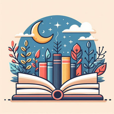 Vector illustration of open book with moon and stars on the background.のイラスト素材