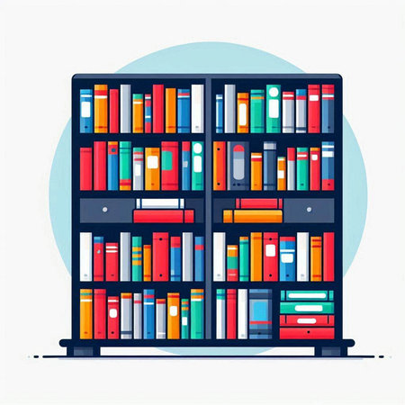 Bookcase with books. Vector illustration in flat style on white background.のイラスト素材