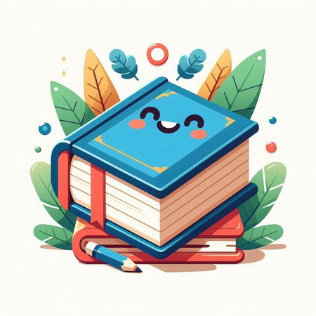 Vector illustration of a cute book character on a pile of books.のイラスト素材