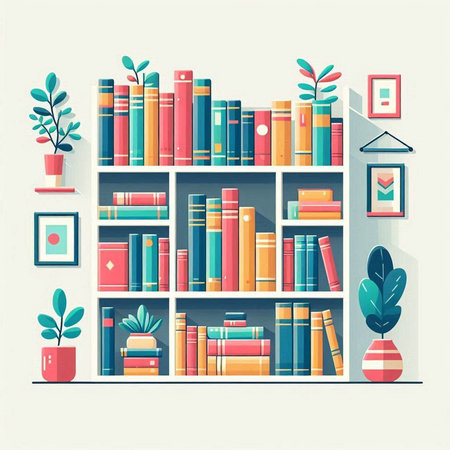 Bookshelf with books and plants. Vector illustration in flat styleのイラスト素材