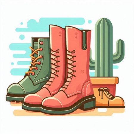 Vector illustration of boots and cactus in cartoon style on white background.のイラスト素材