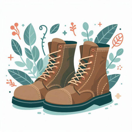 Vector illustration of hiking boots with leaves and plants on a white background.のイラスト素材