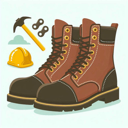 Hiking boots, helmet and tools on white background. Vector illustration.のイラスト素材