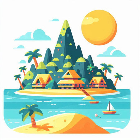 Tropical island with palm trees. Vector illustration in flat styleのイラスト素材