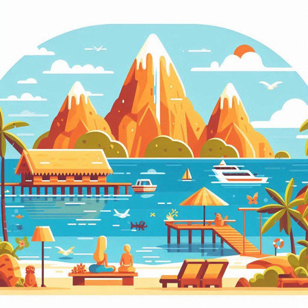 Landscape with mountains, beach and sea. Vector illustration in cartoon styleのイラスト素材