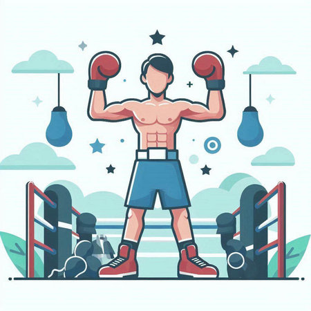 Vector illustration of a boxer on a background of sports equipment. Flat style.のイラスト素材