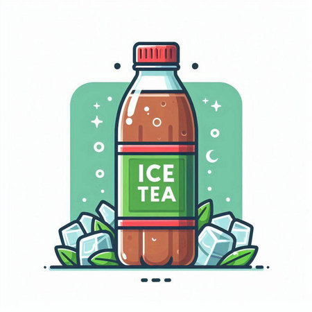 Vector illustration of a bottle of cola with ice cubes on a green background.のイラスト素材