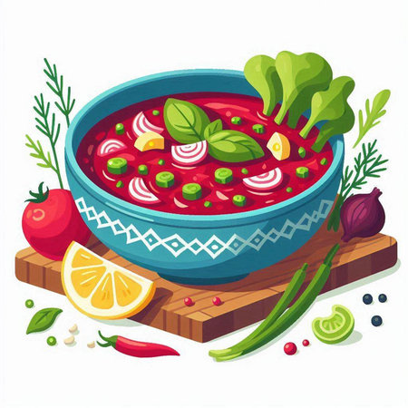 Gazpacho soup with vegetables and spices. Vector illustration.のイラスト素材