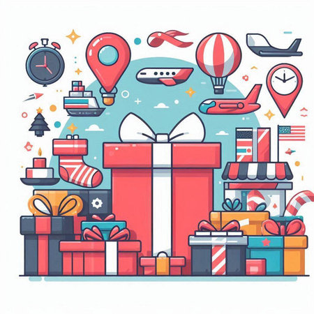 Colorful flat vector illustration of gift box with presents and related icons.のイラスト素材